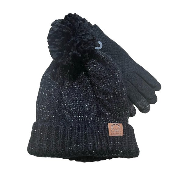 Women's NWT C&C California Pom Hat Beanie and Gloves‎ Set - Picture 1 of 3